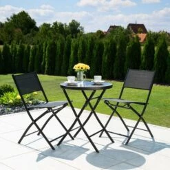 TECTAKE Salon De Jardin DÜSSELDORF 2 Personnes 1 Table Et 2 Chaises Pliables En Acier Et Textilène Noir - Noir -TECTAKE Soldes 2022 8652447 2