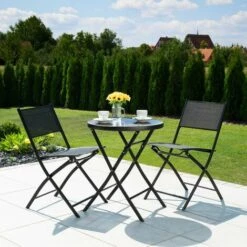 TECTAKE Salon De Jardin DÜSSELDORF 2 Personnes 1 Table Et 2 Chaises Pliables En Acier Et Textilène Noir - Noir -TECTAKE Soldes 2022 8652447 4